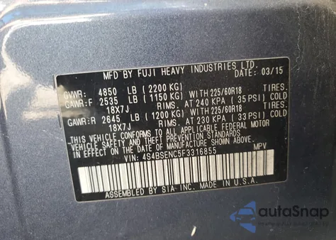 2015 Subaru Outback 3.6R Limited из США, поврежденный, VIN 4S4BSENC5F3316855